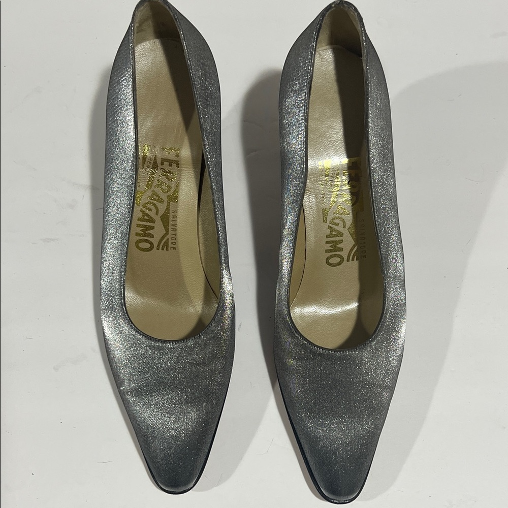 Salvatore Ferragamo Silver Glitter Pointed-Toe Pumps